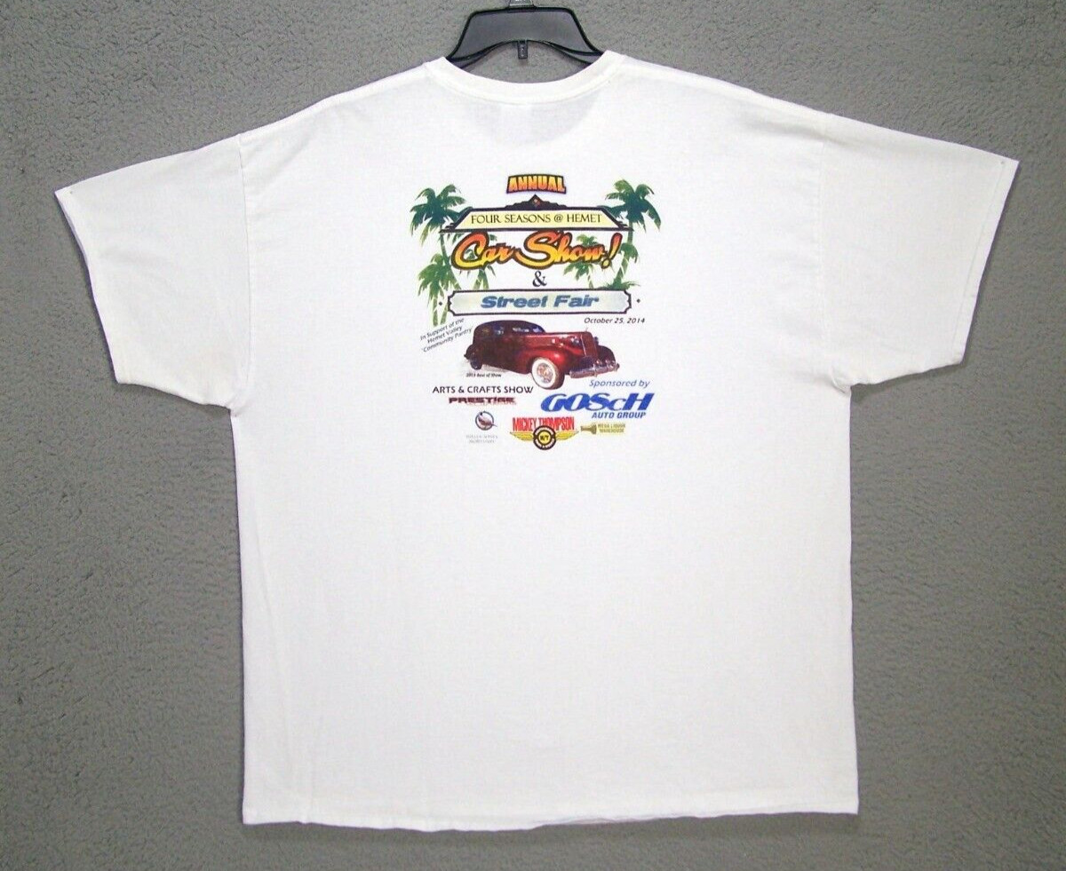 Four Seasons Shirt Adult 2XL XXL White Graphic Hemet Car Show Short Sleeve Mens