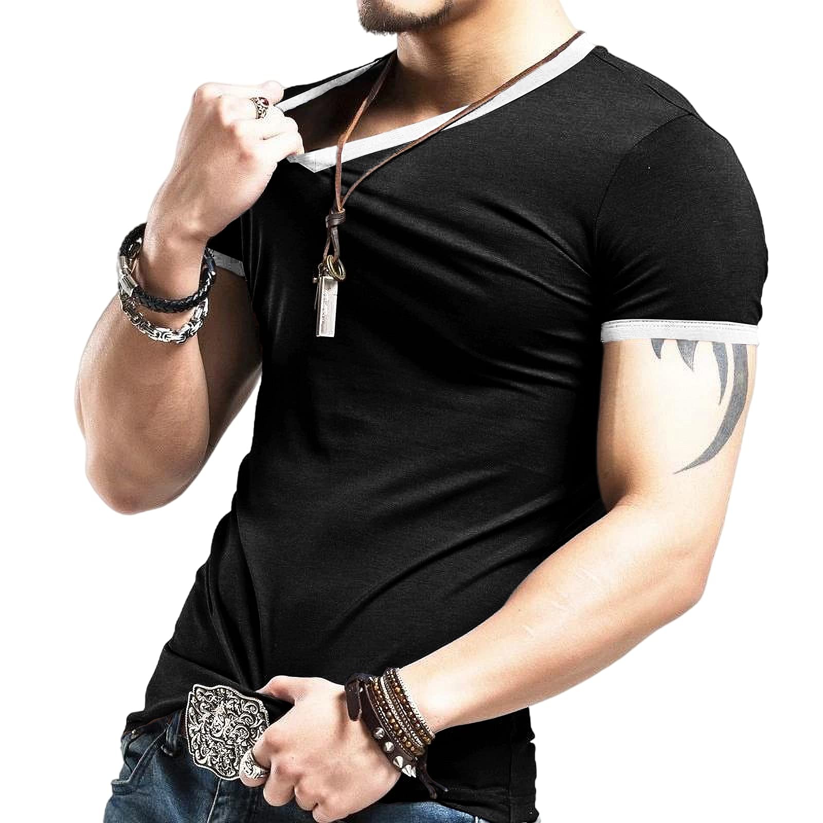 Zuoyouzi Mens Slim Fit V Neck Tee Shirts Short Sleeve (Black – XXL)