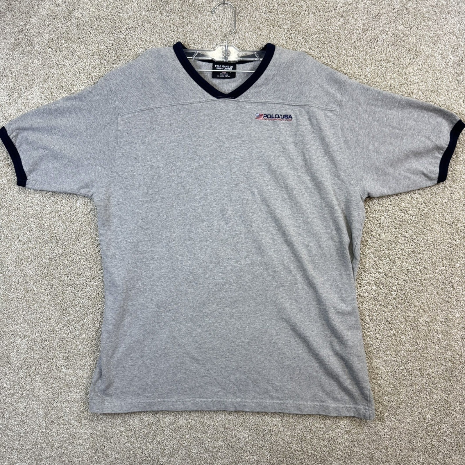 Polo Jeans Co Ralph Lauren Mens Large Gray Ringer V-Neck T-Shirt Polo USA Flag