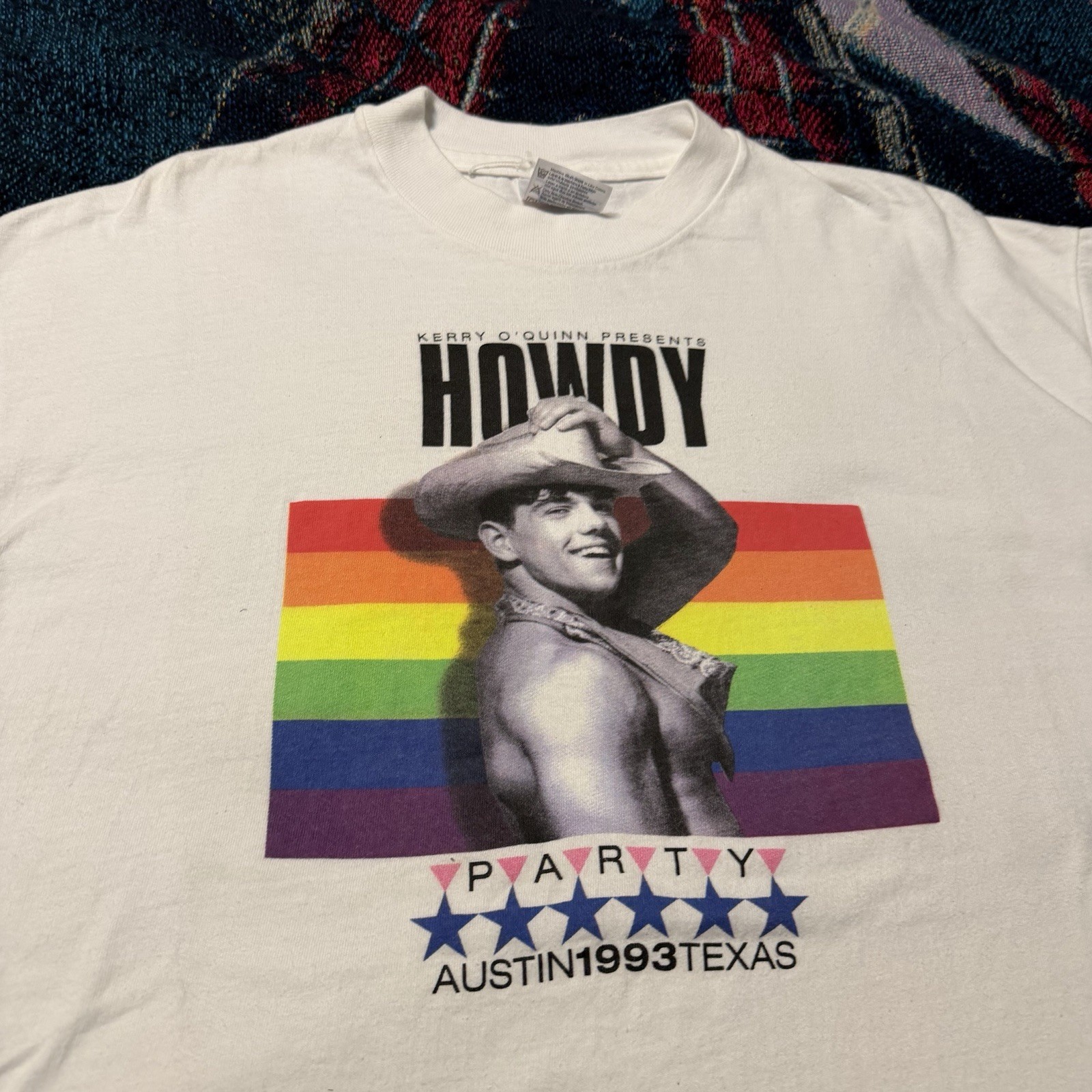 Vintage 90s LGBTQ Pride Kerry O&rsquo;Quinn Party Shirt White Men&rsquo;s L Cowboy Austin TX