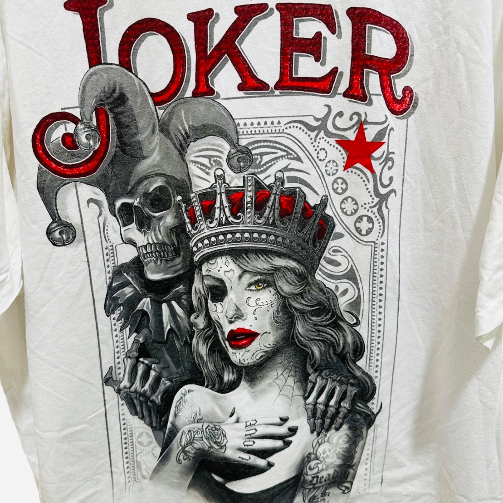 D&M Mens 2XL Joker Skull Crowned Lady Graphic Tee White Red Glitter NEW