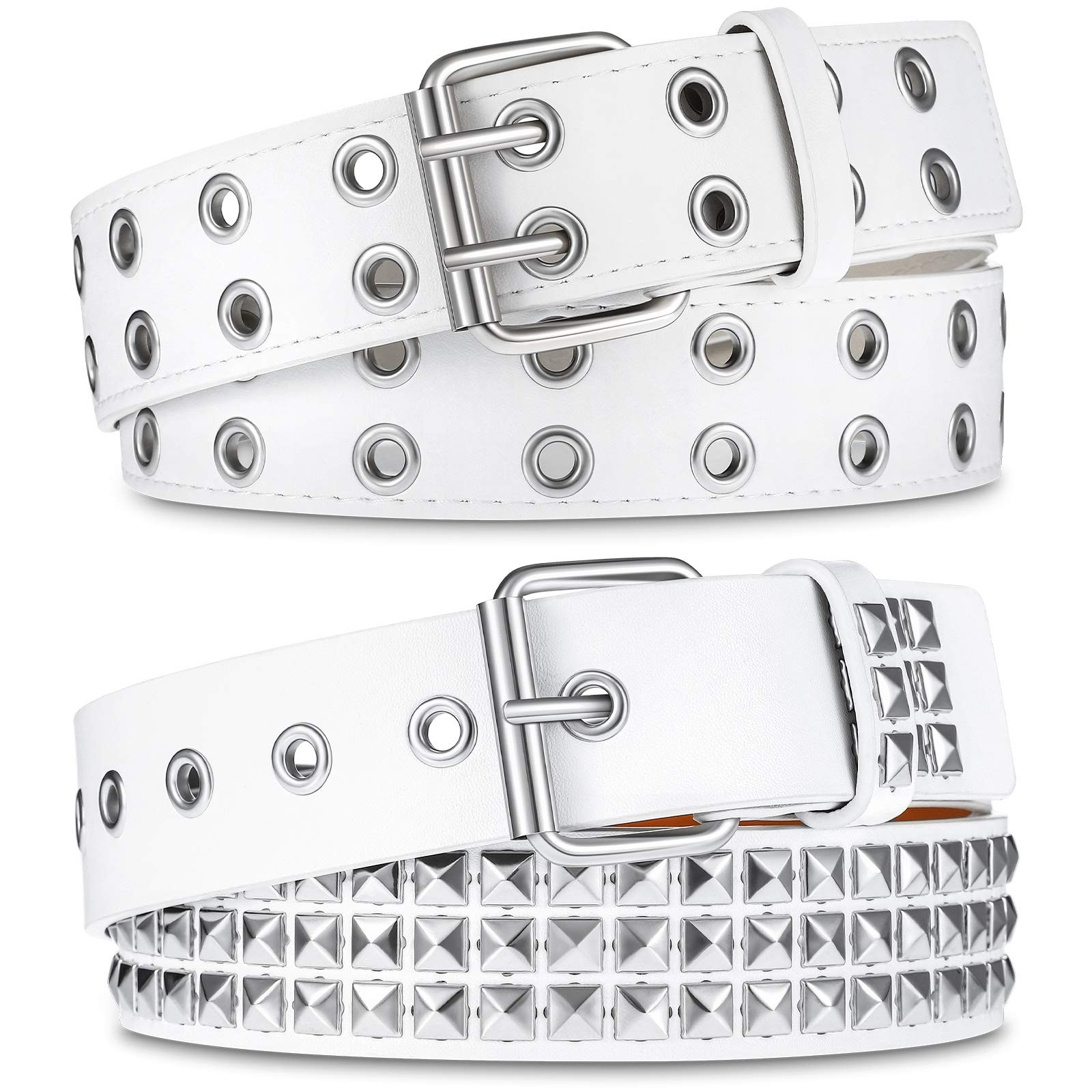 2 PCS Women Y2k Double Grommet PU Leather Punk Rock Rivet Studded Belt