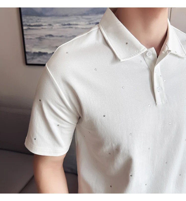 New Men Luxury Beaded Stars Fashion Polo T-Shirt Black White High Quality