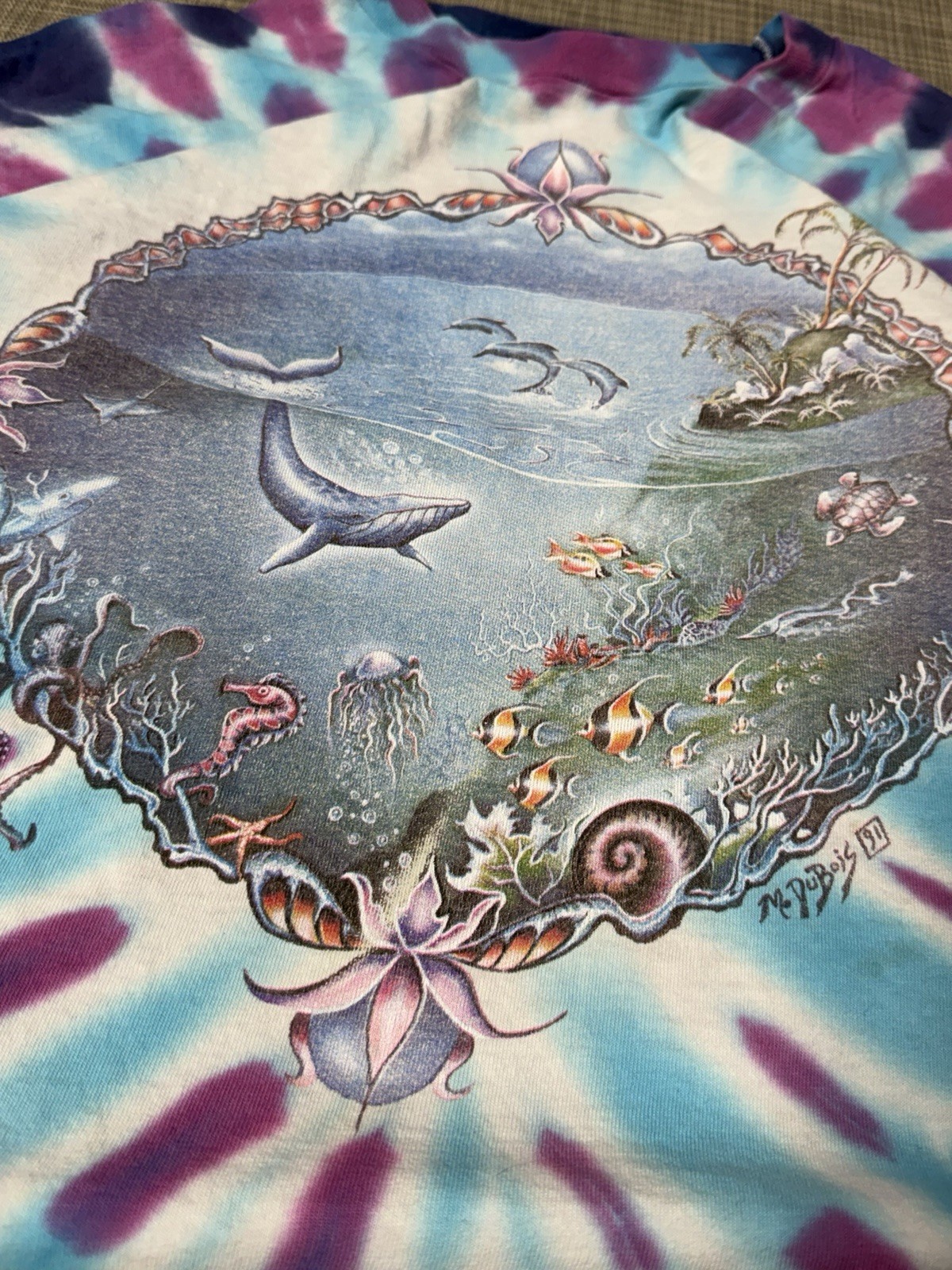 VTG M. Dubois 1991 Blue Tropical Aquatic Dolphins Tie Dye Size XL Single Stitch