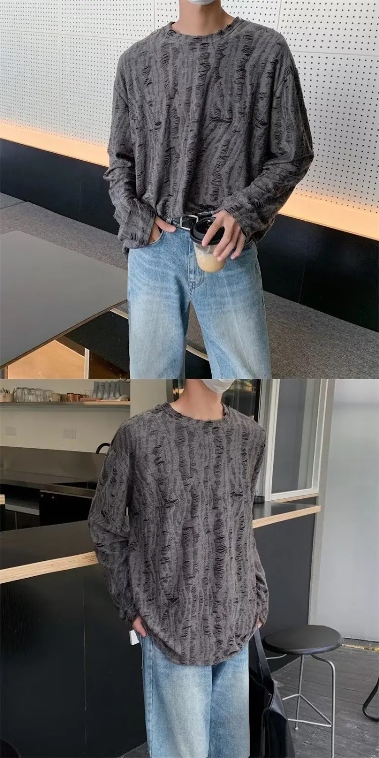 Men&rsquo;s Distressed Long Sleeve T-Shirt Harajuku Aesthetic Ripped Pullover Top