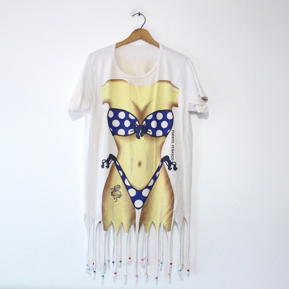Vintage Bikini Body Polka Dot Cover Up T Shirt XL