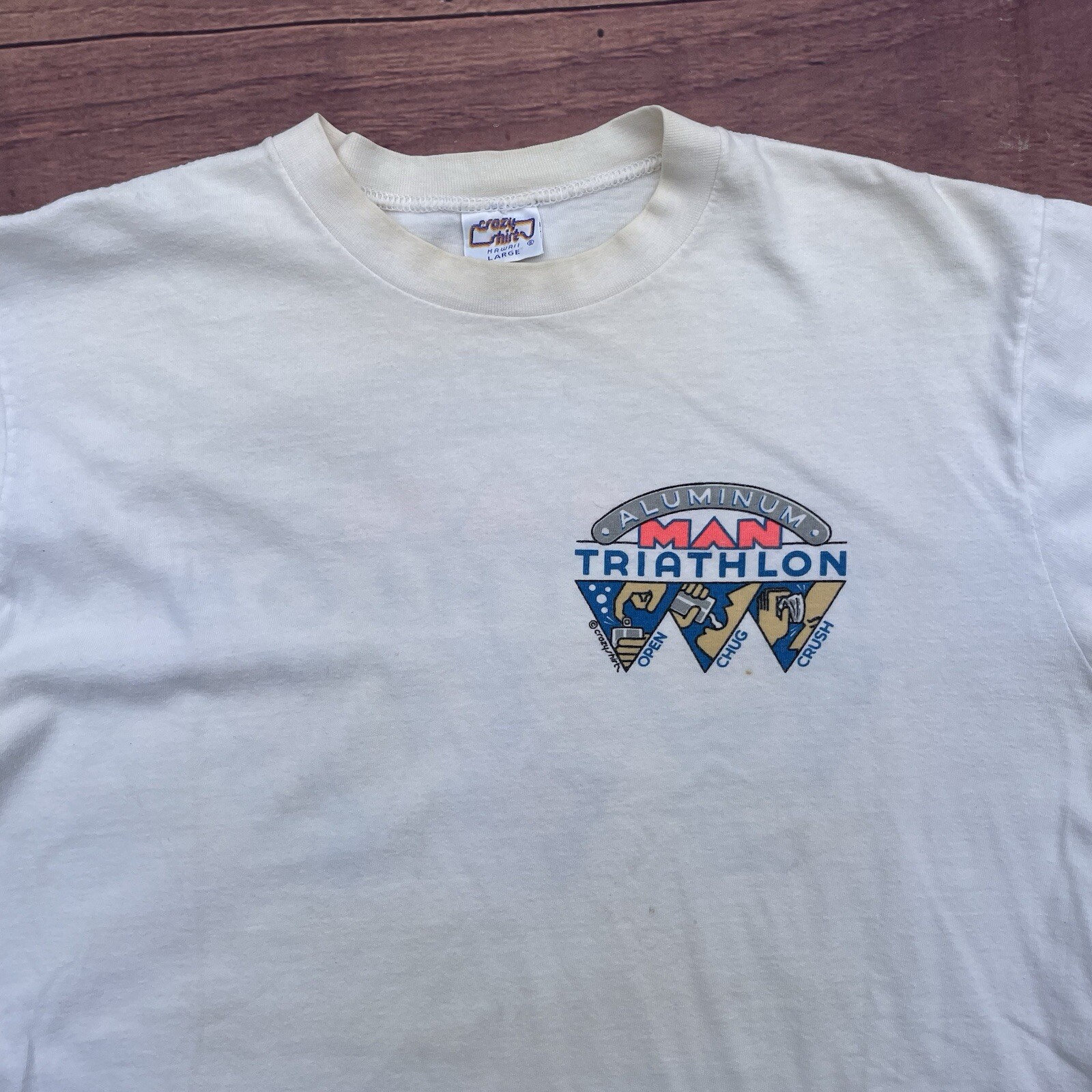 Vtg Crazy Shirts Aluminum Man Triathlon Shirt Beer Drinking Open Chug Crush Sz L