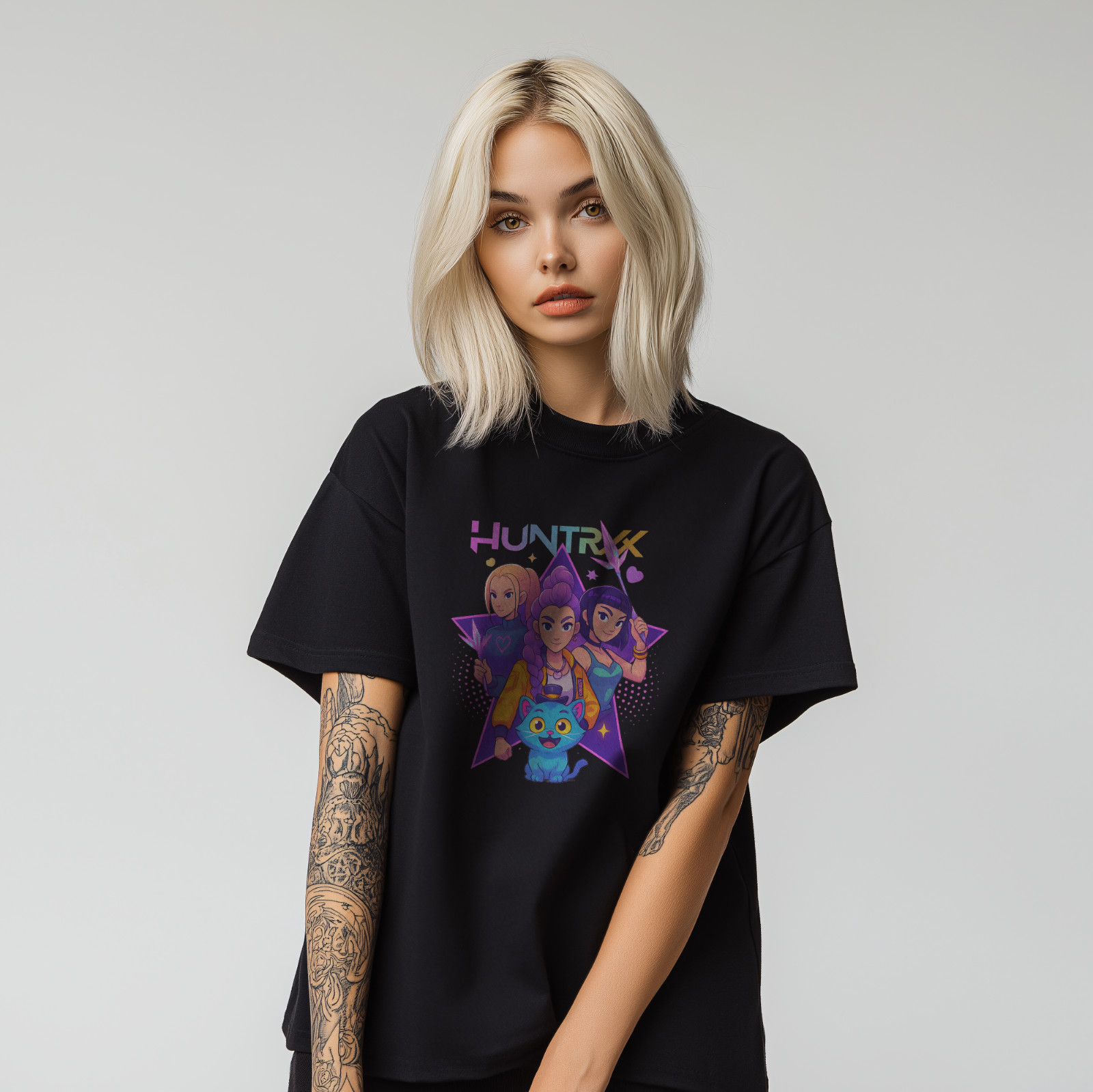 HUNTRX Anime Graphic T-Shirt – Cute KPOP Inspired Cartoon Girls & Cat Tee A275