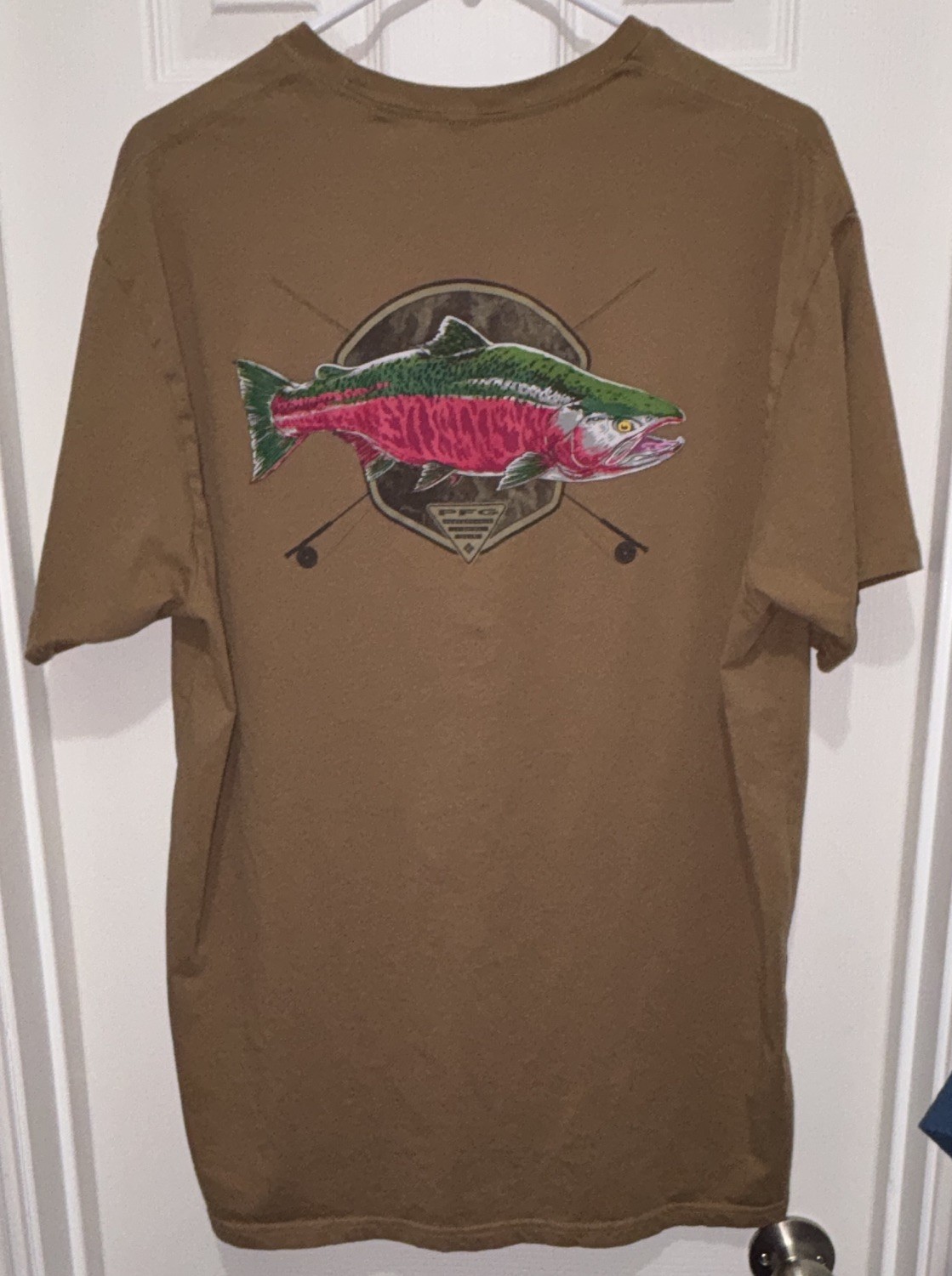 Columbia PFG Fish Graphic Logo Crew Neck T-Shirt Brown Men&rsquo;s XL Short Sleeve
