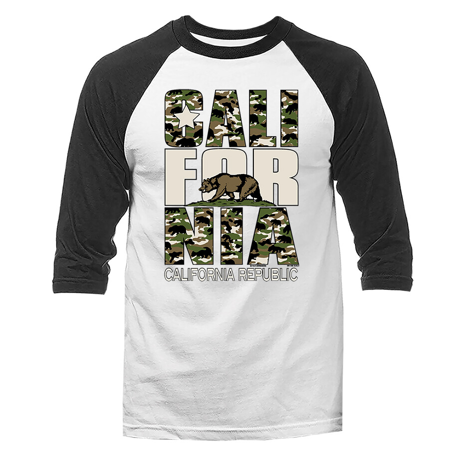 The Golden State California Cali Camouflage Bear Graphic 3/4 Sleeve Raglan