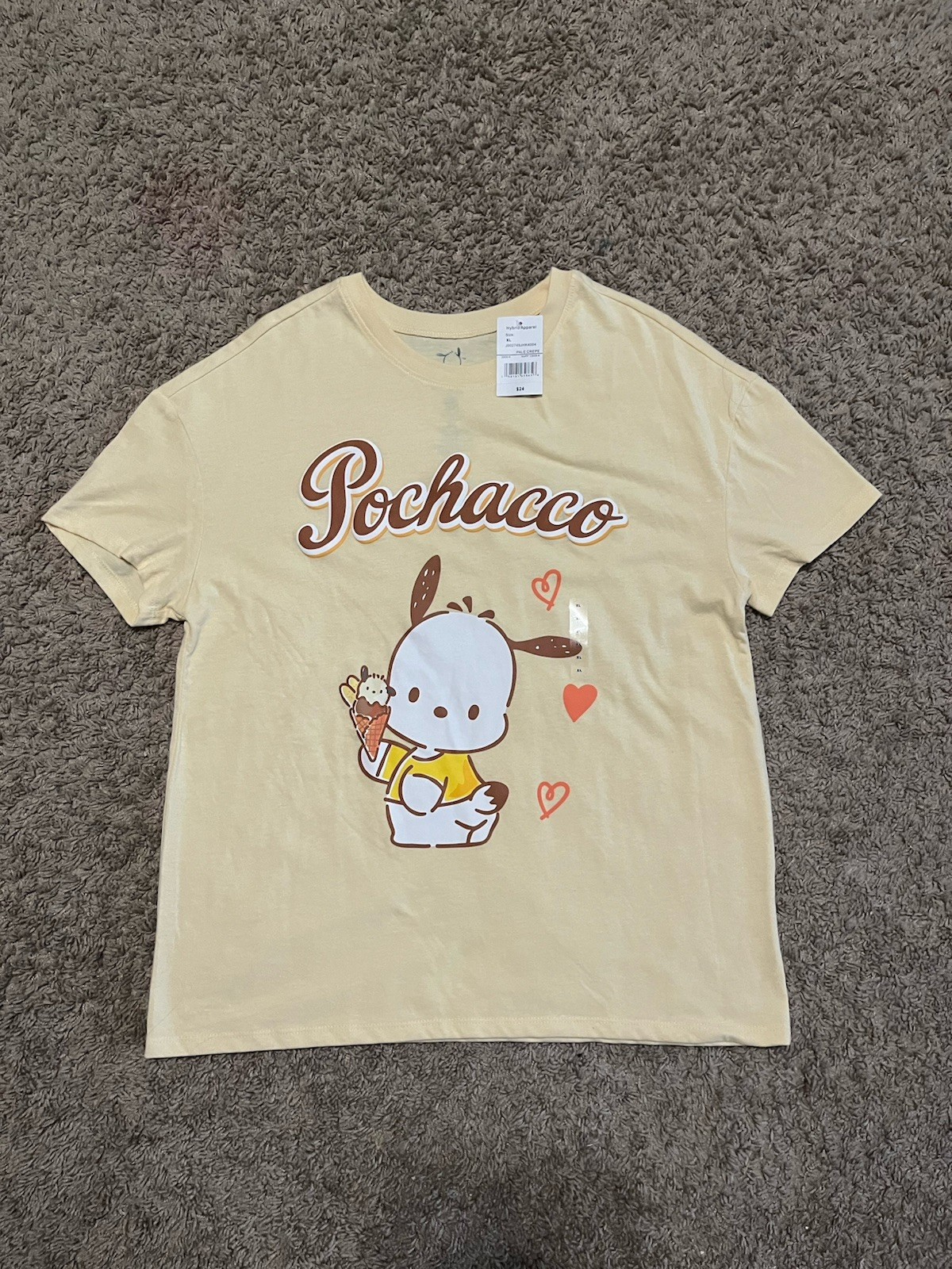 NWT Sanrio Pochacco Cute Yellow Short Sleeve Shirt Pochacco W/ Ice Cream Size XL