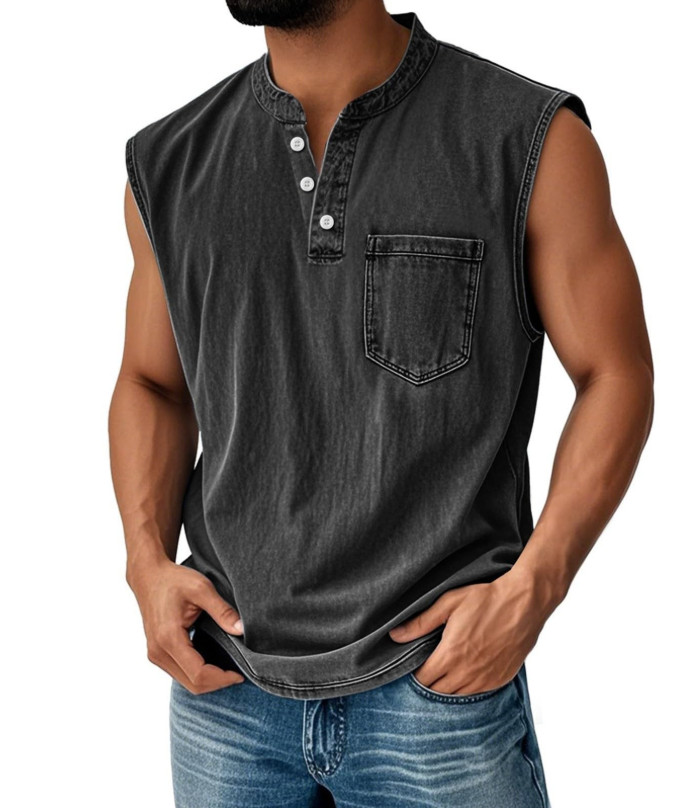 Mens Sleeveless Henley Shirt Casual Button Down Tank Top with Pocket