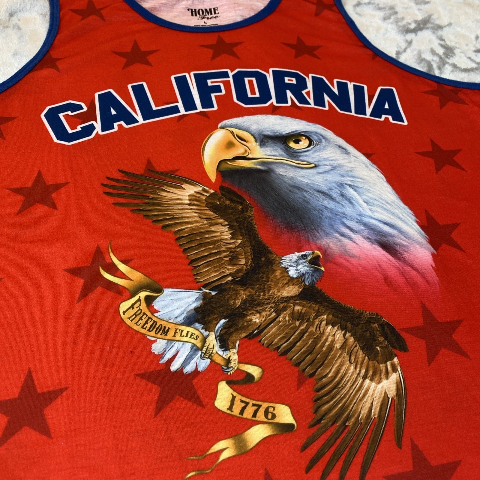 Home Free Tank Top Mens Large Red California Bald Eagle Patriotic Stars 1776