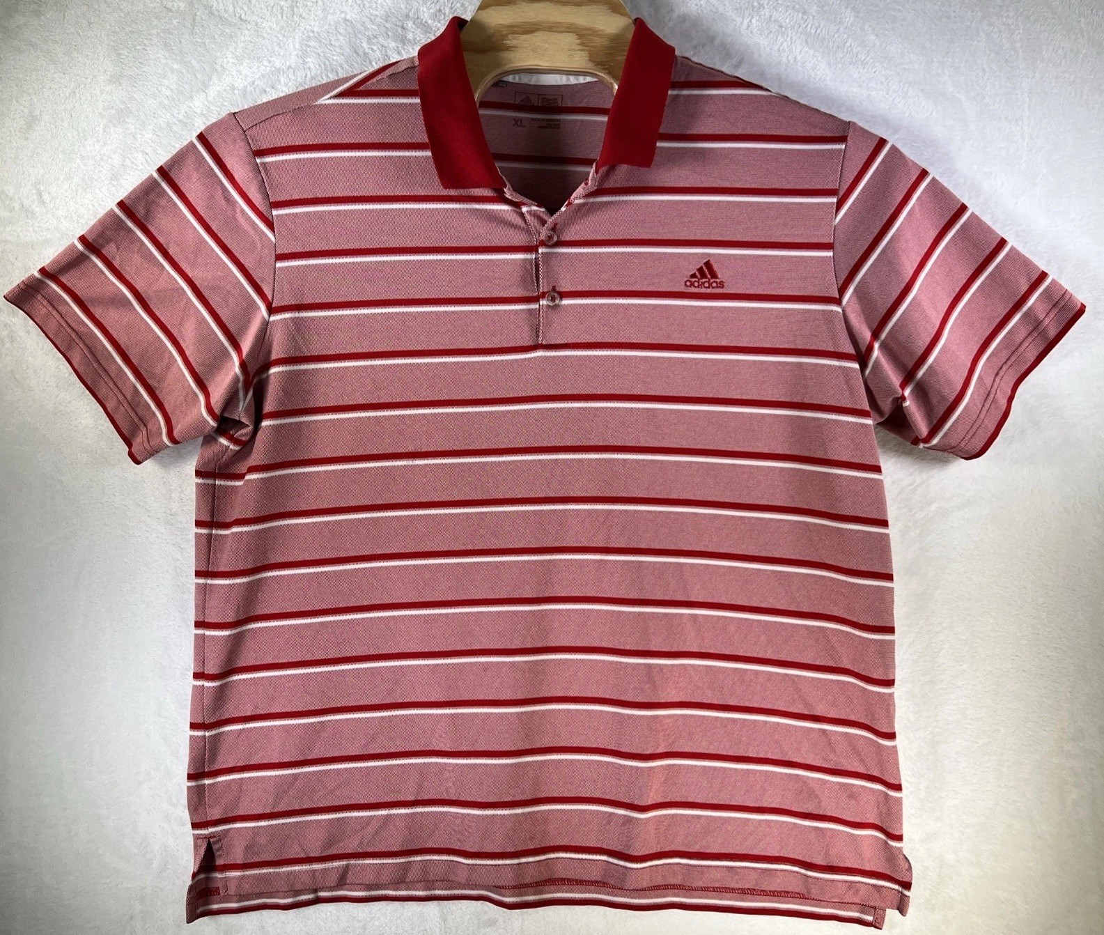 Adidas Men’s Size Extra Large Sport Red/White Striped Golf Polo Shirt With Logo