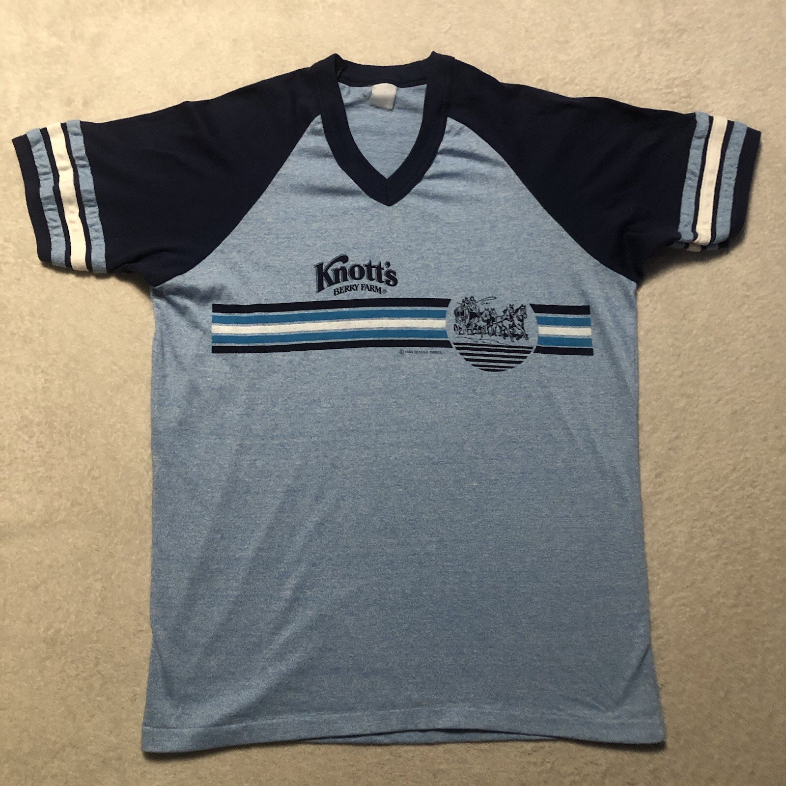 Vintage 1983 Knotts Berry Farm Amusement Park Men’s Ringer Blue T -Shirt 19×26”