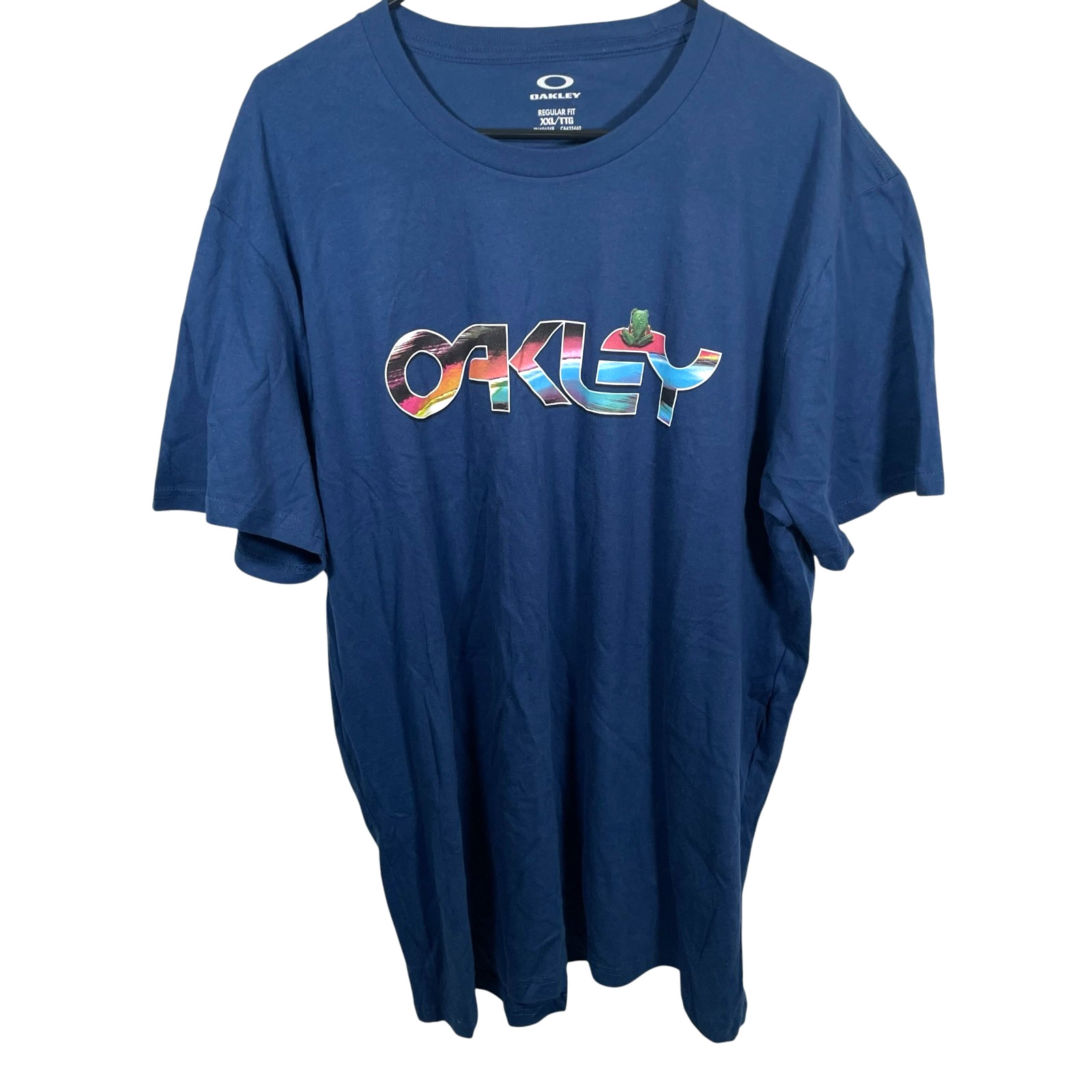 New Oakley Sitting Pretty T Shirt Frog Mens 2XL Blue Spellout Logo Crew Neck NWT