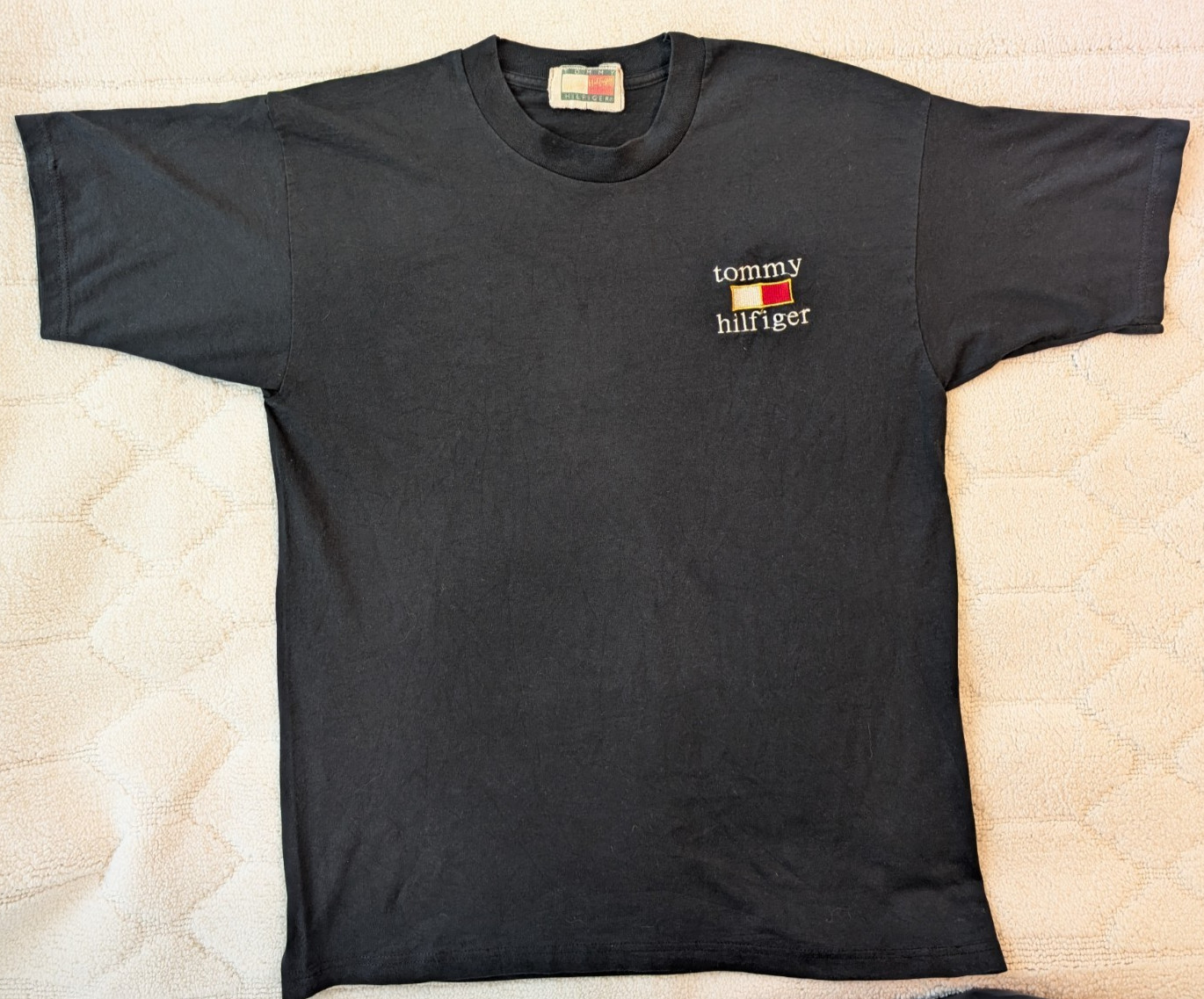 Vtg 90s Tommy Hilfiger Embroidered Lowercase Spellout Black Tee Shirt Large