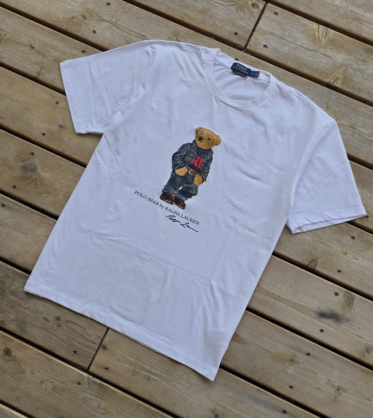 Polo Ralph Lauren Classic Fit Polo Bear Denim Crewneck Jersey T-Shirt White