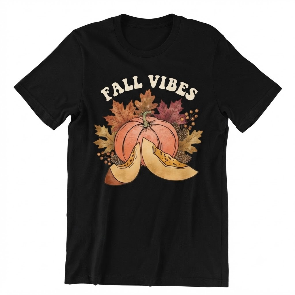 Fall Vibes Pumpkin & Melon Slices Autumn Leaves Pinecones T-shirt