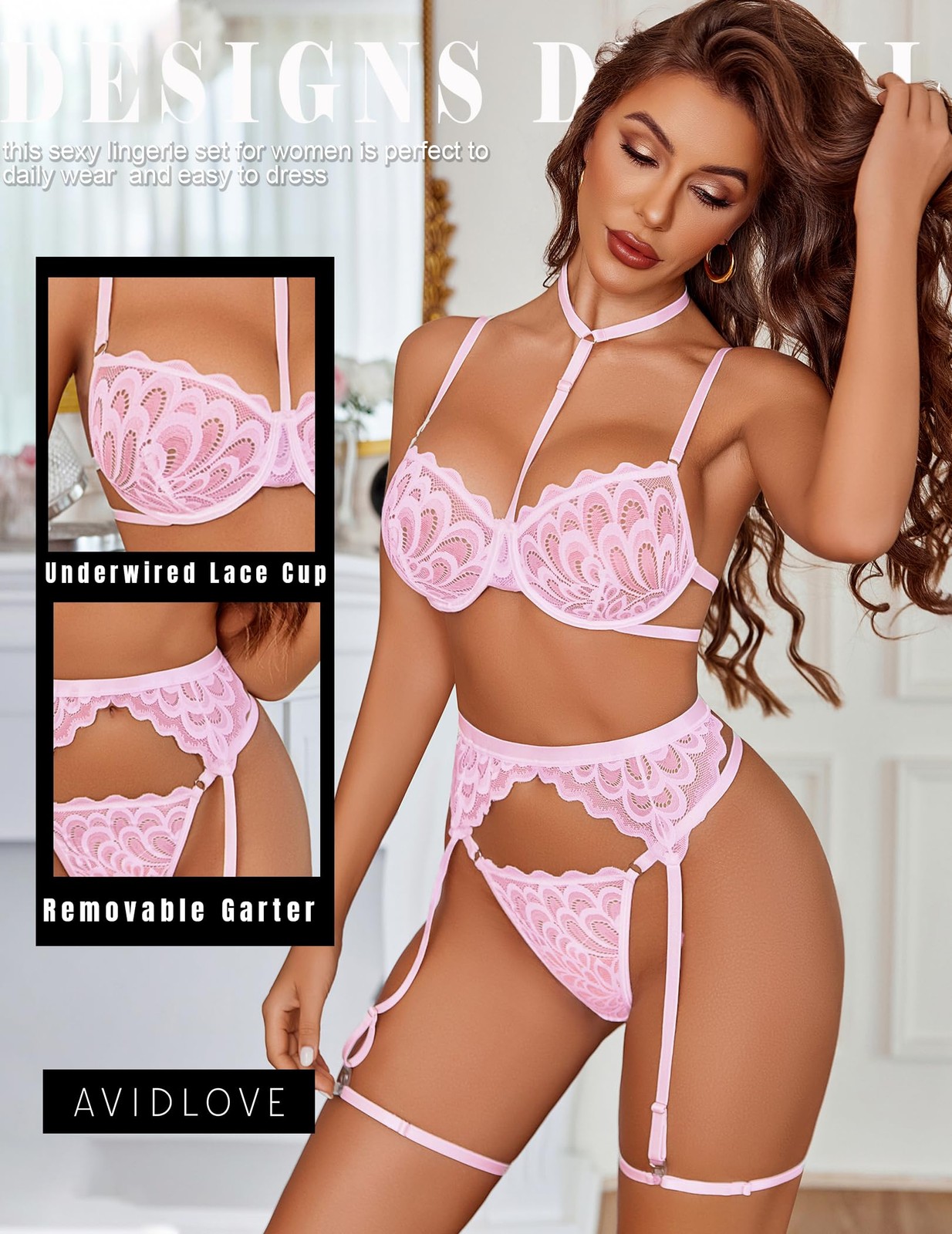 Sexy Lingerie Set Choker Floral Lace Sheer Underwire Push Up Garter Belt 3 Pi…