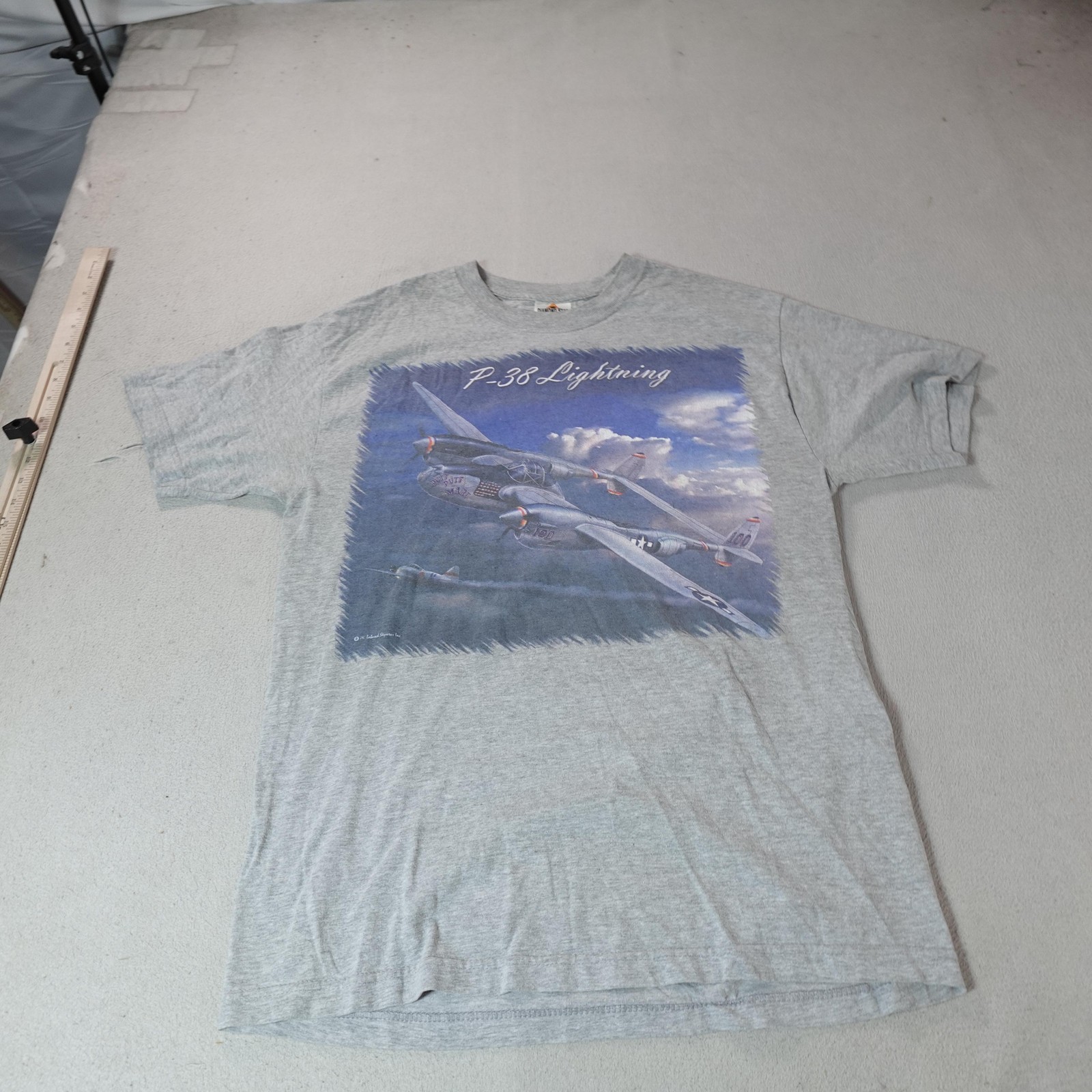 Vintage P-38 Lightning Shirt Mens Large Gray WWII Airplane Tee Diamond Star T