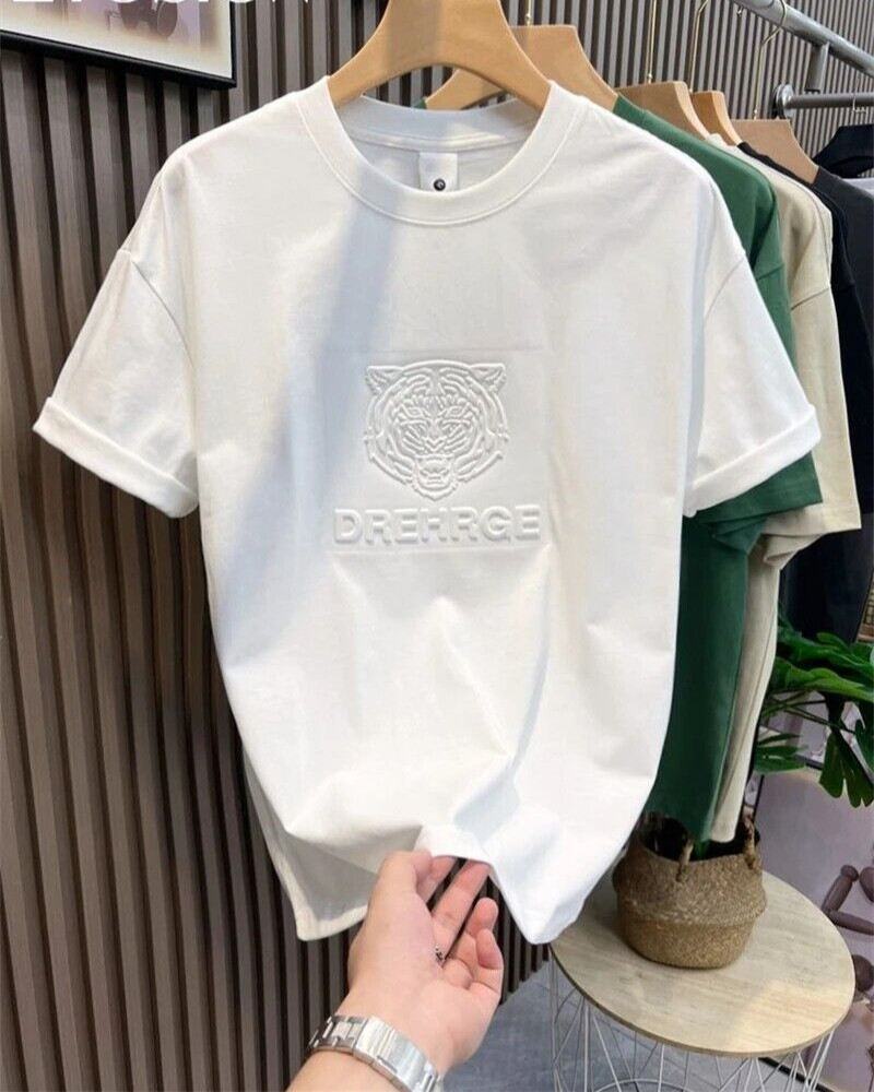 New Men Fashion Trend Tiger Embroidery Summer Short Sleeve Luxury Cotton T-Shirt