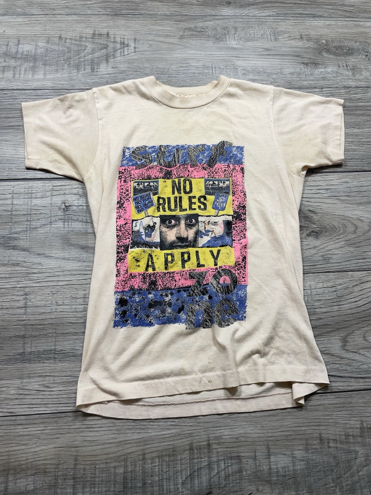 1970s Surf Tee Shirt Rare Obscure No Rules Apply Cream Graphic Xs