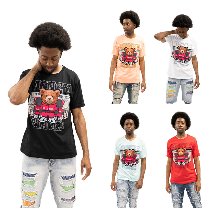 Victorious Men&rsquo;s Casual Money Stacks Crystal Embellished Bear T-Shirt TS7482