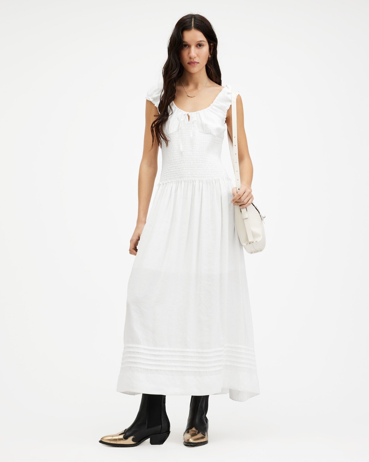 All Saints Eliza Maxi Dress Womens Designer Chalk White Scoop Neck Sleeveless
