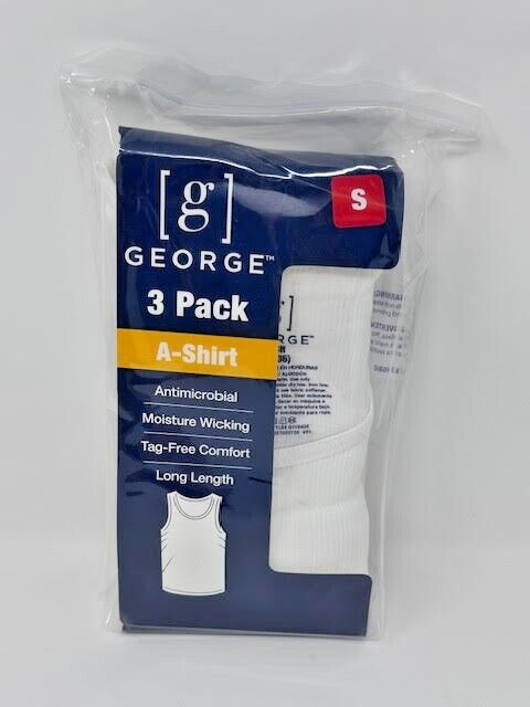 NEW! George Tag Free Comfort Long length A-Shirt Men&rsquo;s, WHITE, Small, 3-Pack,