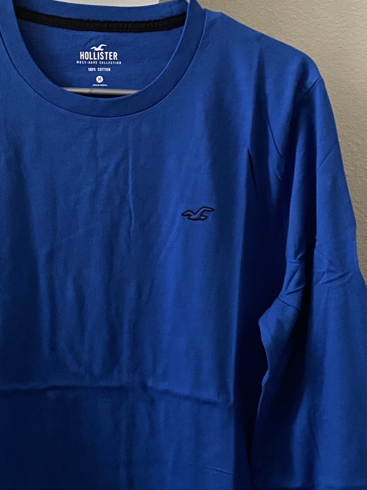 Hollister Men’s Medium Size Blue Long Sleeve Cotton Solid Graphic Tee