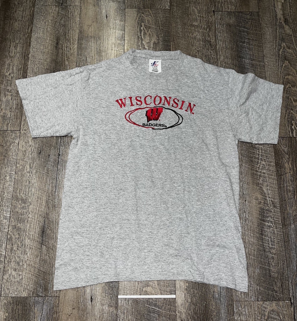 Vintage Logo Athletic Gray and Red Wisconsin Tee Short Sleeve Embroidered Size L