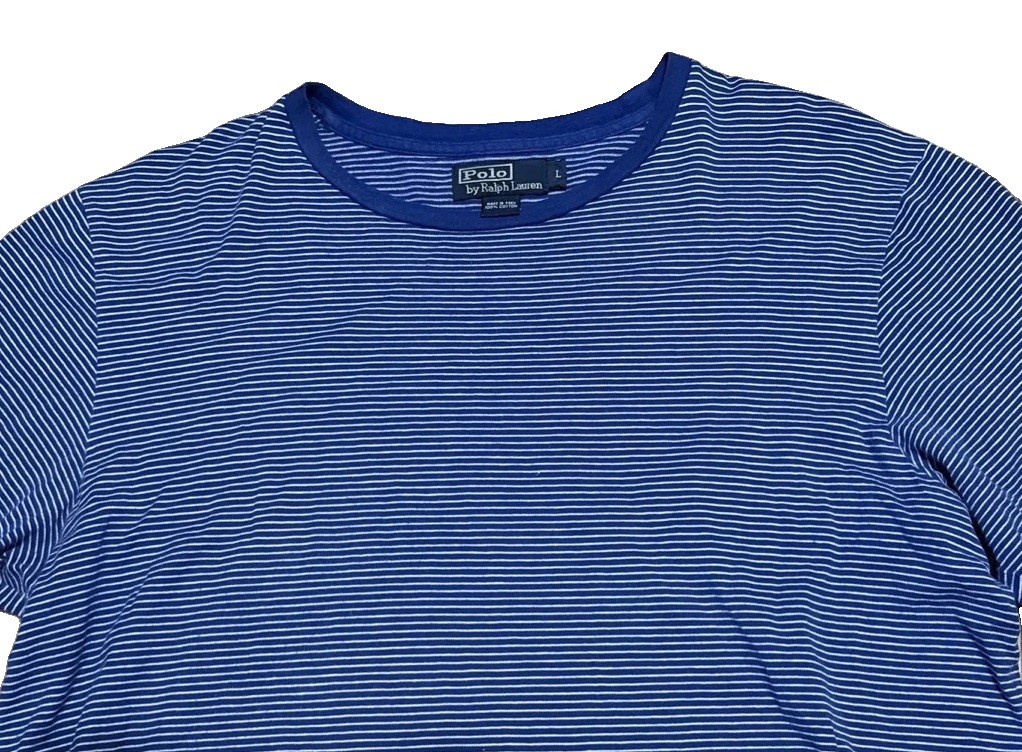 Vintage Polo Ralph Lauren T-Shirt Mens L Blue Striped Short Sleeve Cotton 90s