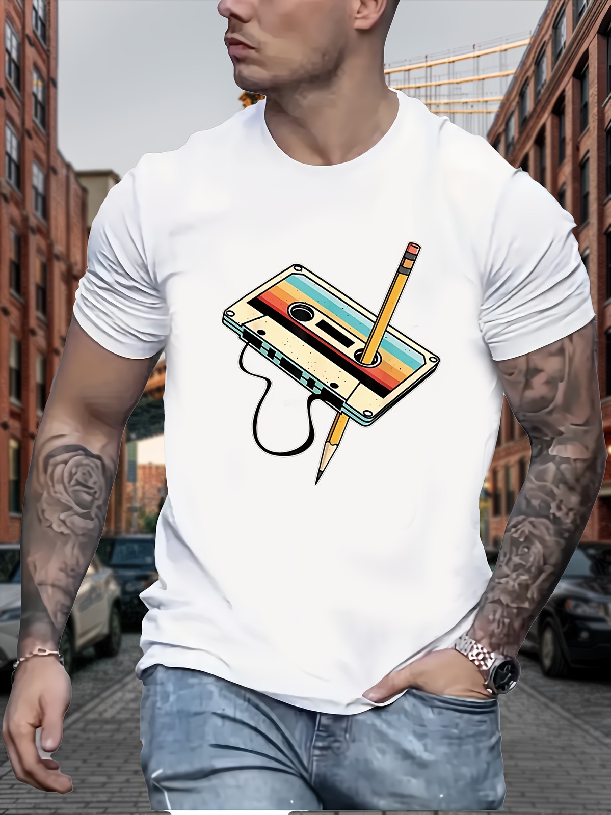 Men Retro Cassette Print T-Shirt – Casual Crew Neck, Slight Stretch, Summer Top√