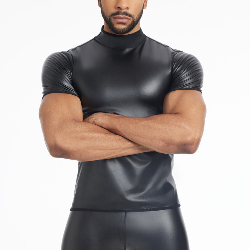 Wet Look Short Sleeve Top Shapewear Blouse for Mens Waist Trainer Corsets