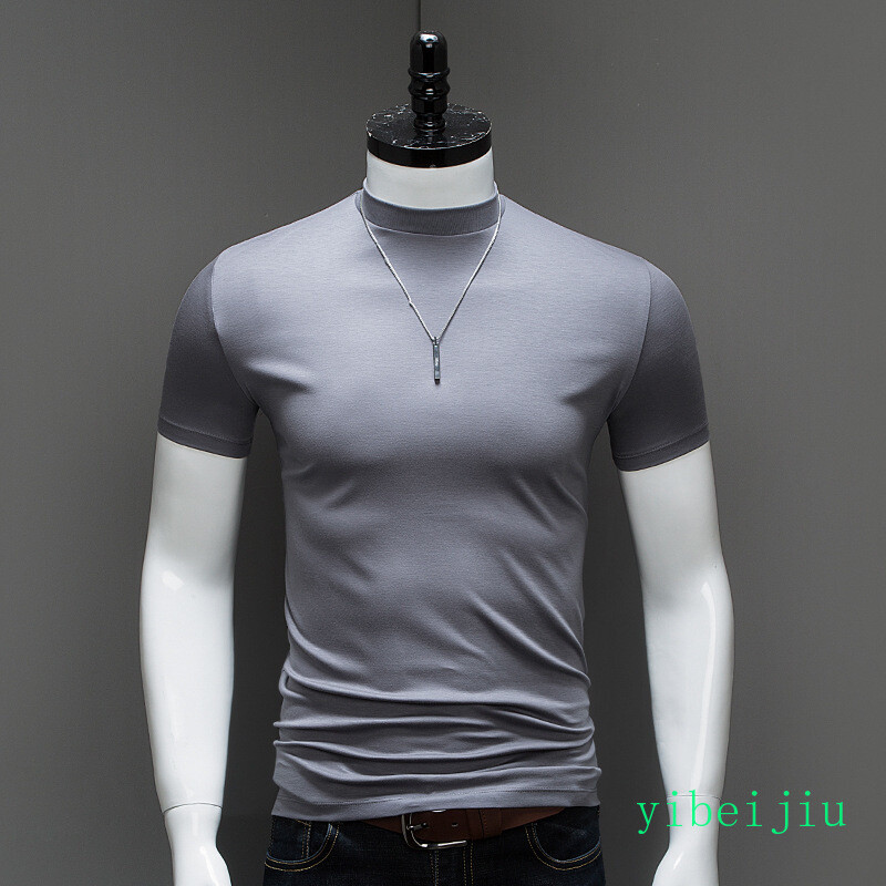 Fashion Summer Men&rsquo;s Half High Collar Silk Cotton Short Sleeved T-shirt Slim Fit