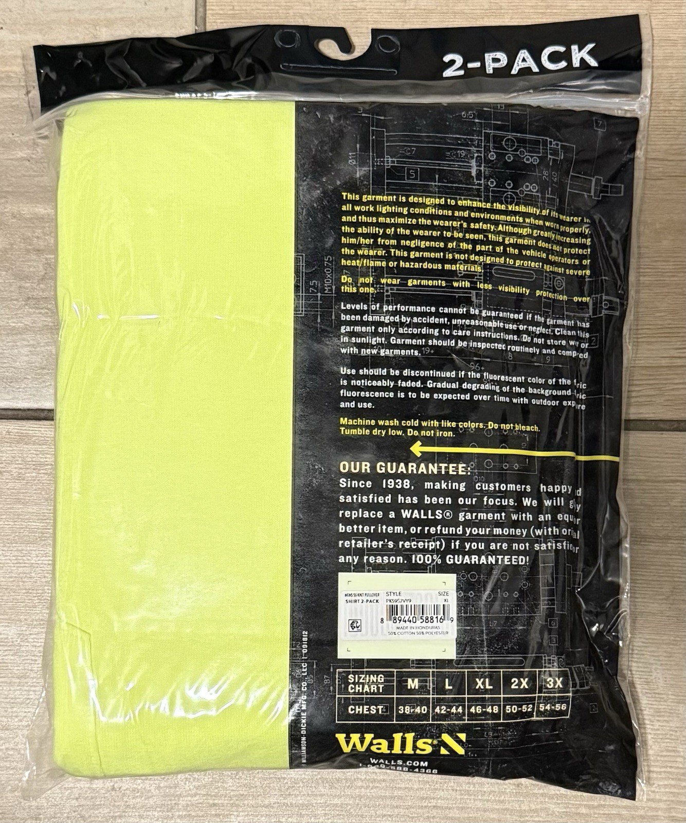 NEW~Walls Short Sleeve Working Man&rsquo;s Pocket Tees (2-Pack)~ XL Hi-Vis Green