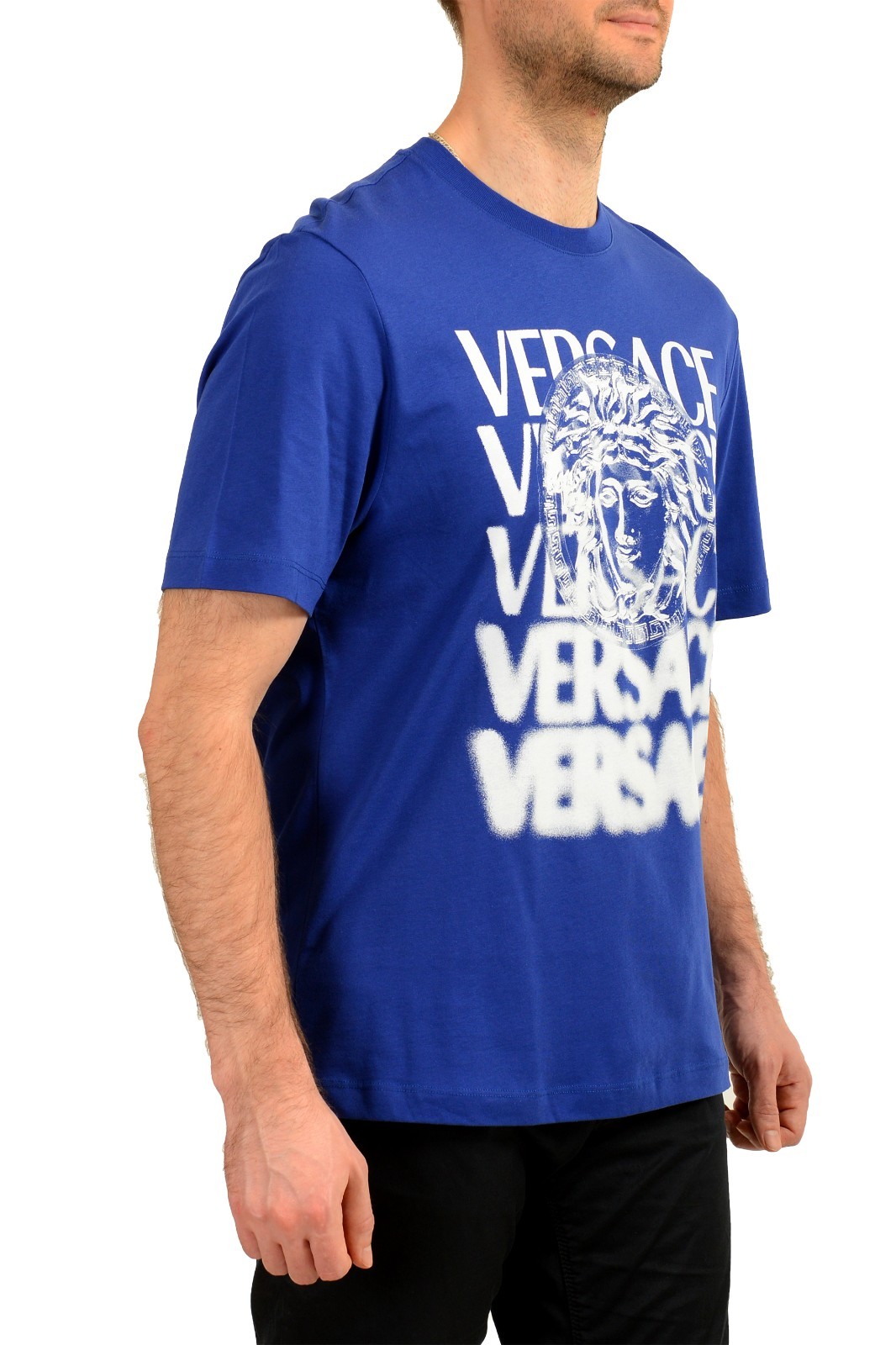 Versace Men&rsquo;s Blue Logo Print Crewneck Short Sleeve T-Shirt US 2XL IT 56