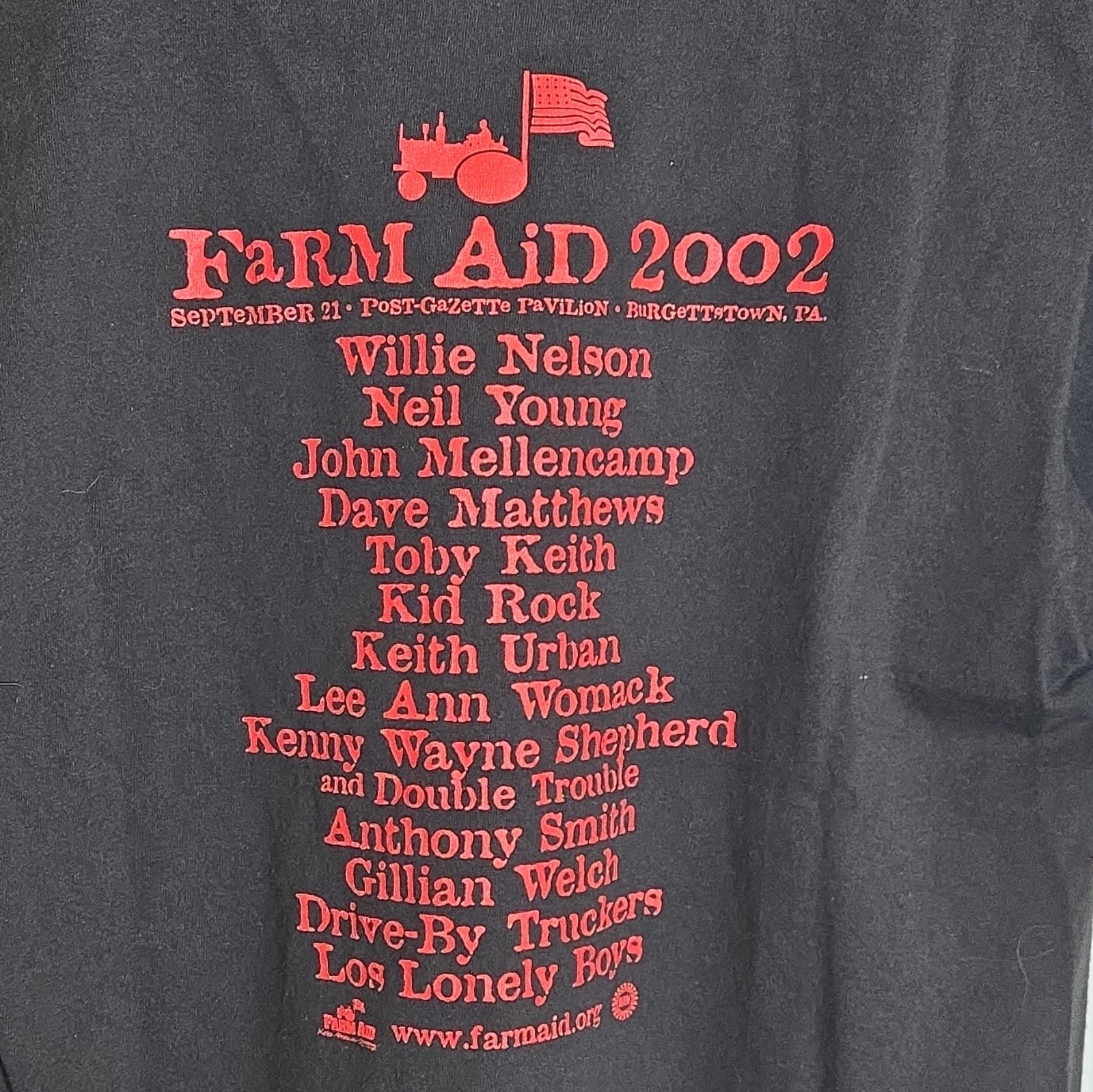 Aloré Farm Aid 2002 Double-Sided Graphic Logo T-Shirt Mens M Black Crew Neck Y2K