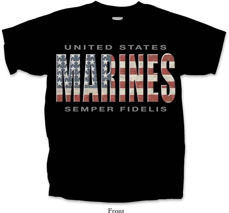 USMC Marine Corps Semper Fidelis USA Flag Military Shirt Black Official Licensed