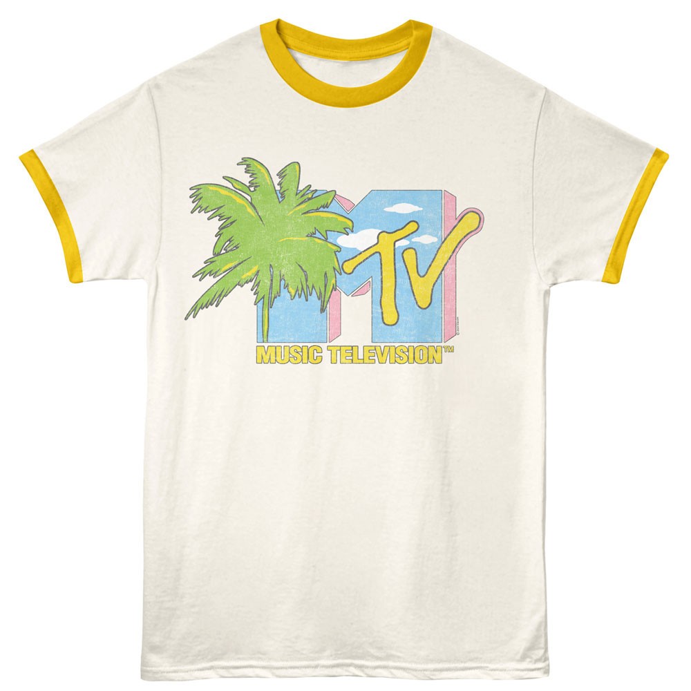 MTV Music Television Palm Tree Clouds Show Logo Men&rsquo;s Ringer T Shirt