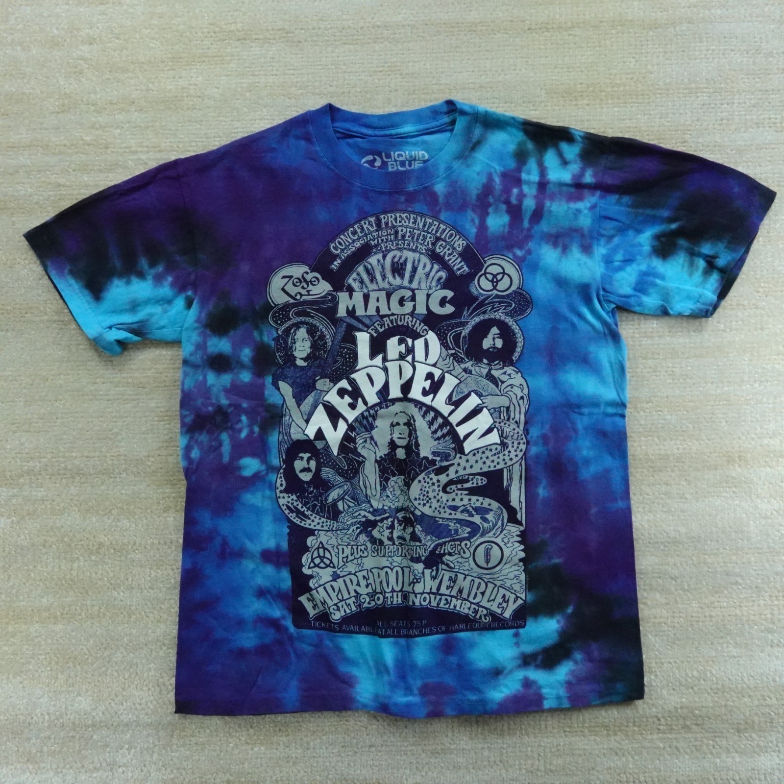 Led Zeppelin Shirt Mens Small Blue Tie Dyed Cotton Liquid Blue Page Plant