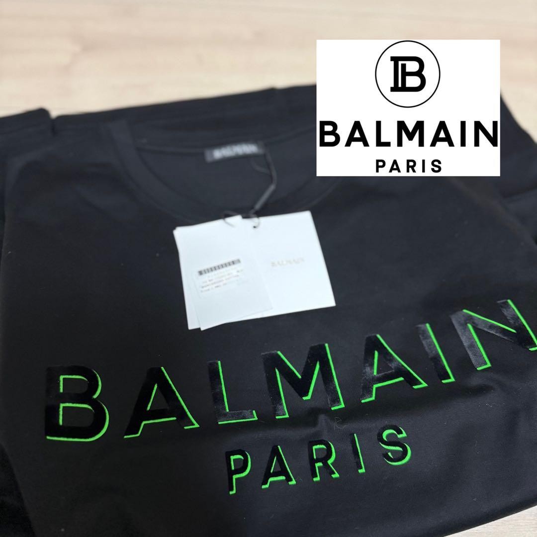Balmain Men&rsquo;s Logo T-Shirt Black Green Foil Velour