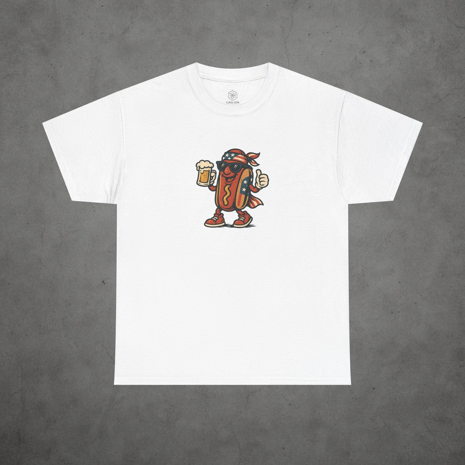 Patriotic Hot Dog Mascot Funny Fourth of July Design with Beer and American Flag