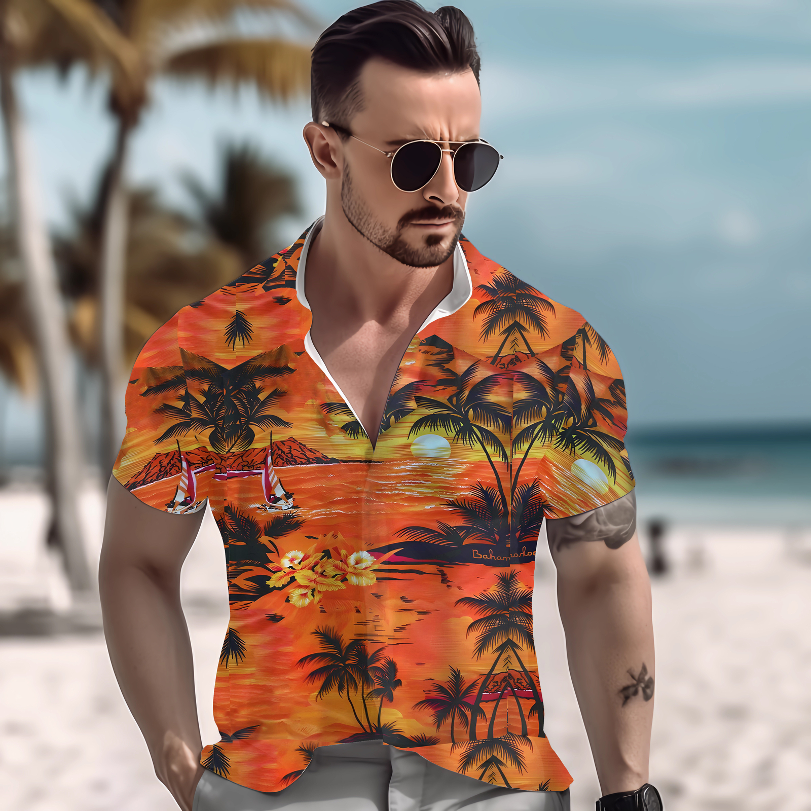 Hawaiian Shirt Mens Button Down Coconut Tree Print Beach Vacation Aloha Party