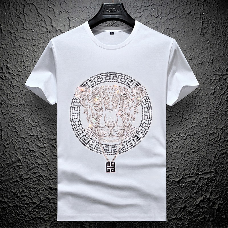 Men Fashion Trend Leopard Diamond Rhinestone Streetwear Summer Luxury T-Shirt