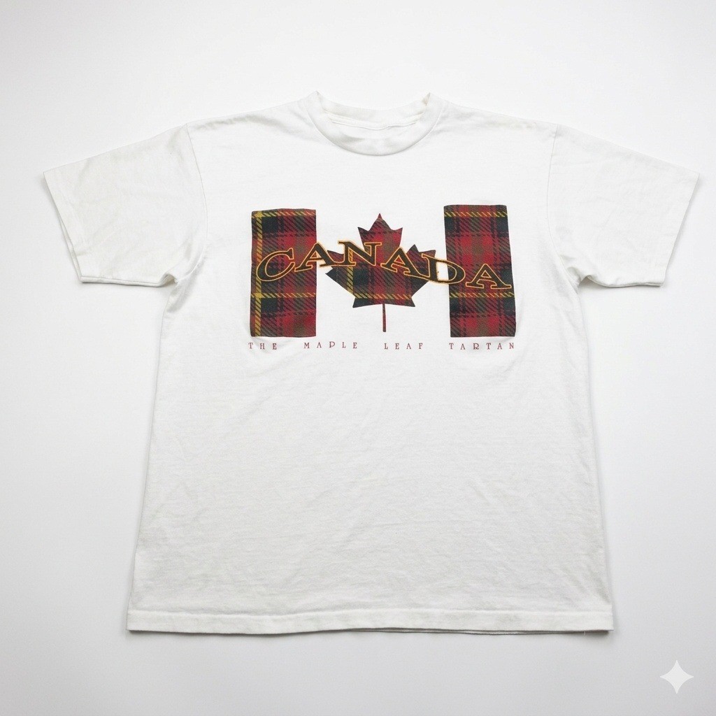 Large Vintage Canada Maple Leaf Tartan Graphic Single Stitch 90s T-Shirt