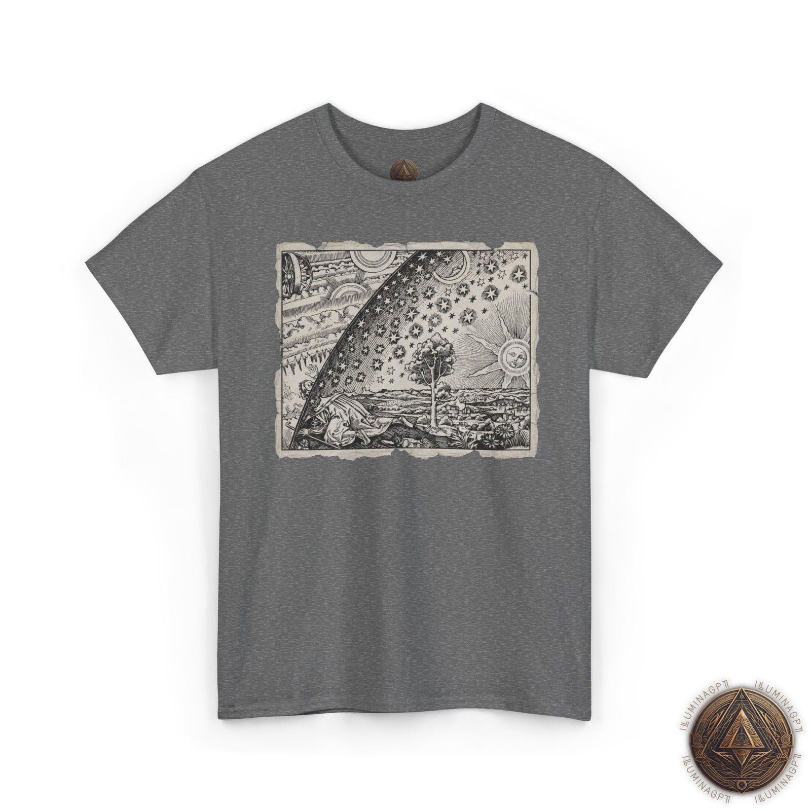 Flammarion Engraving T-Shirt, Black White Torn Page Flat Earth Firmament Tee