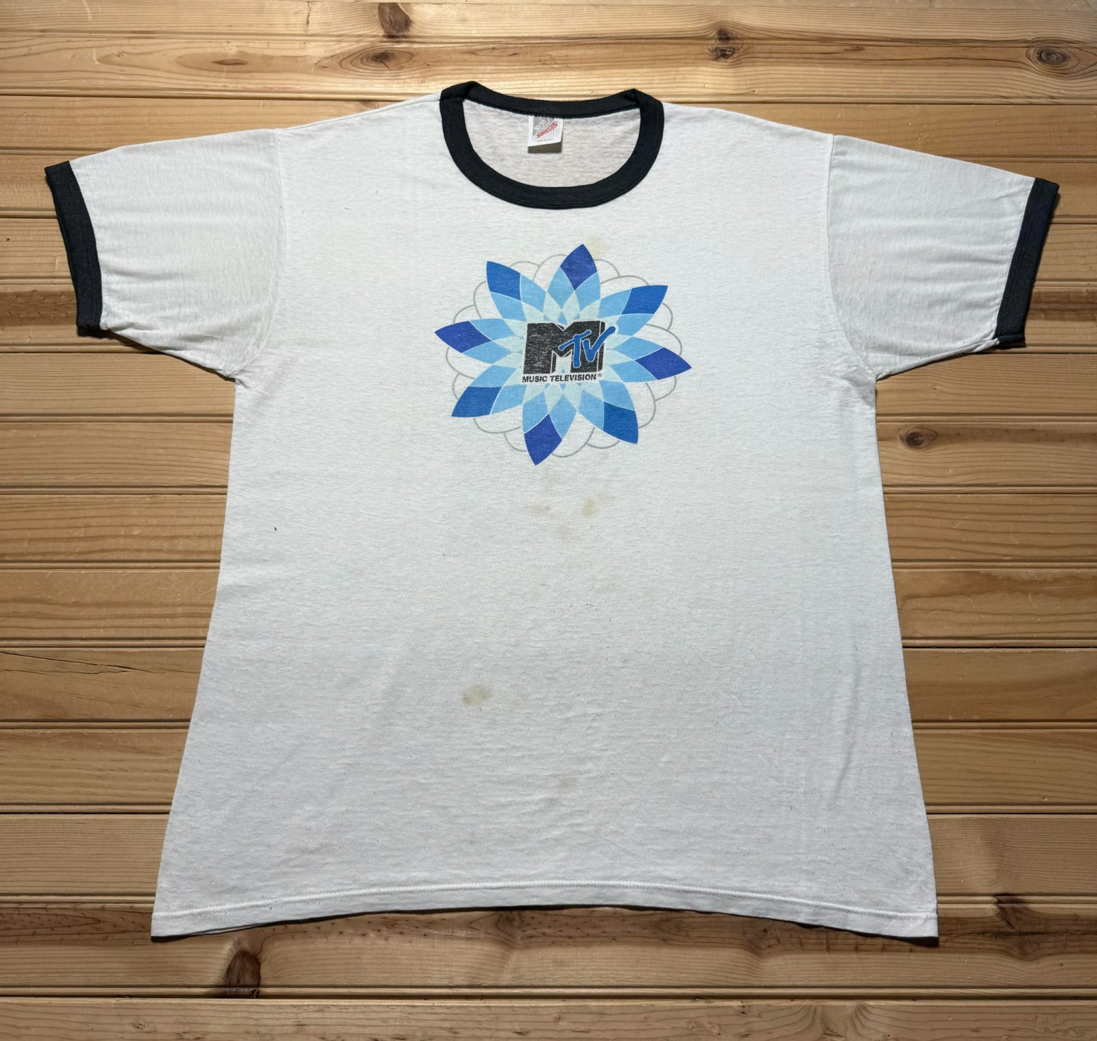 Vintage 1996 MTV Music Television Pinwheel Short Sleeve Ringer T-Shirt USA Large