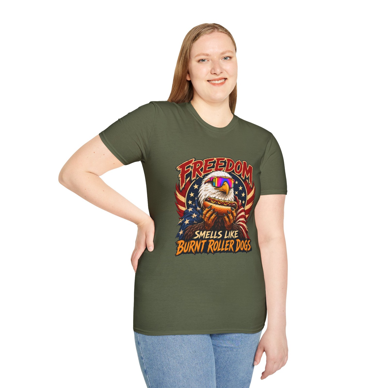 Bald Eagle Hot Dog Patriot Funny Retro Unisex Softstyle T-Shirt